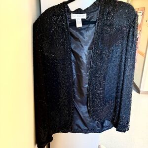VTG Niteline Della Roufogali Black Silk Beaded Jacket L Sparkle Evening Glam